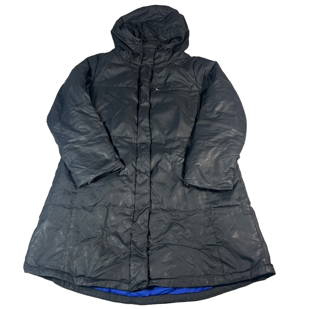 Gap Womens Long Down Puffer Coat Hooded Black XL Jacket Snap Zip